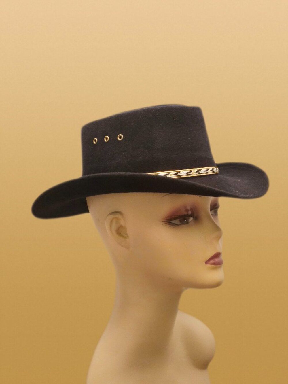 Summit Black Wool Cowboy Hat Size 6 3/8. Black & White braid with Gold Trim.